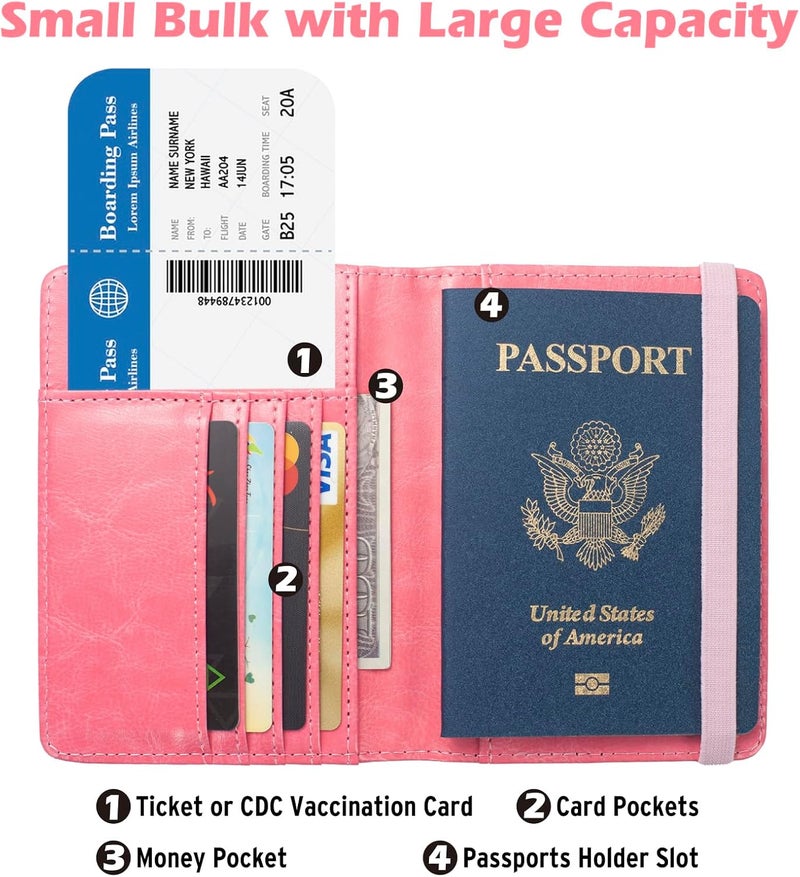 Coowayze Passport Holder for Travel Women, RFID Blocking Passport Wallet Cover Case, Waterproof Leather Travel Wallet, Document Protector for Traveling Accessories-Hot Pink - Image 4